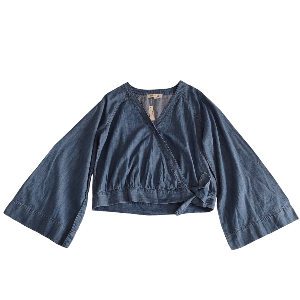 NWT Madewell Size Medium Wrap Chambray Denim Tie Waist Bell Sleeve Top